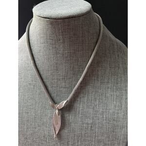 Vintage Judy Lee Brushed Leaf Necklace Silver Tone Mesh Chain Mid Century Modern